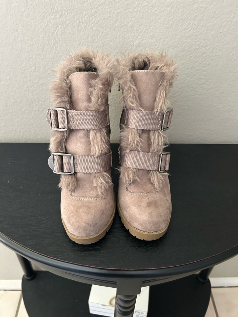 Sugar Taupe Faux Fur Buckle Ankle Boots